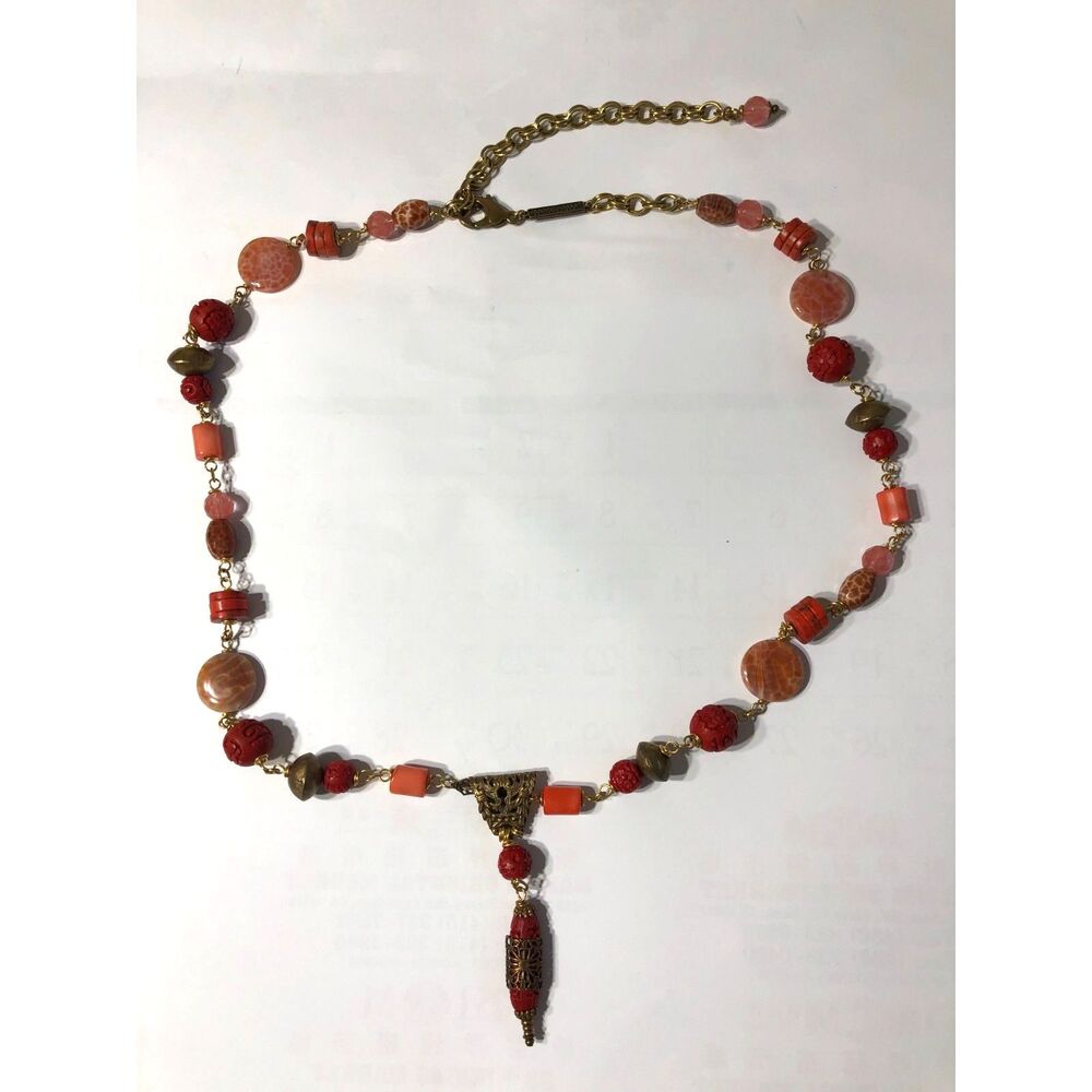 Jan Michaels San Francisco Beaded Y Drop Necklace Asian Cinnabar Agate 37" NWOT
